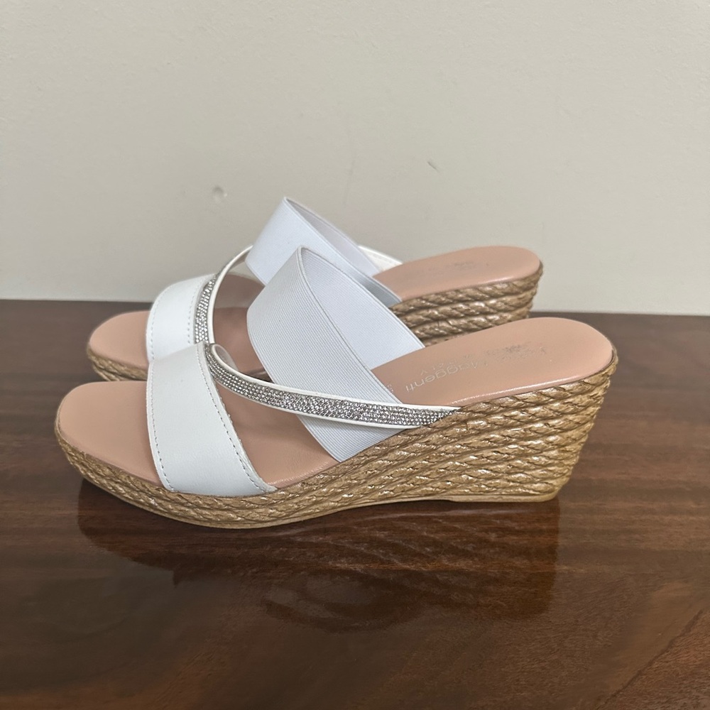 NWT - Fabio Maggenti Cross Banded White Wedge Sandals w/Rhinestone Accent